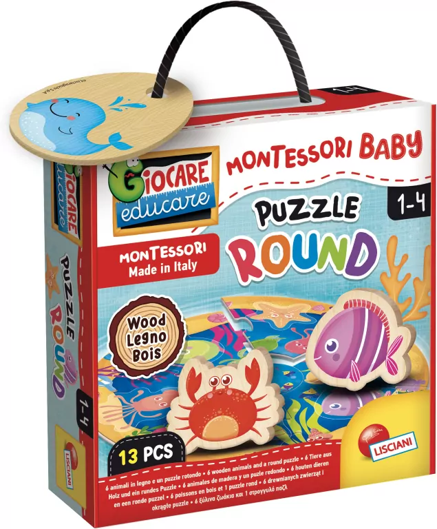 Lisciani. Montessori. Puzzle 13 elementów drewniane okrągłe, Zwierzęta morskie - tantis.pl