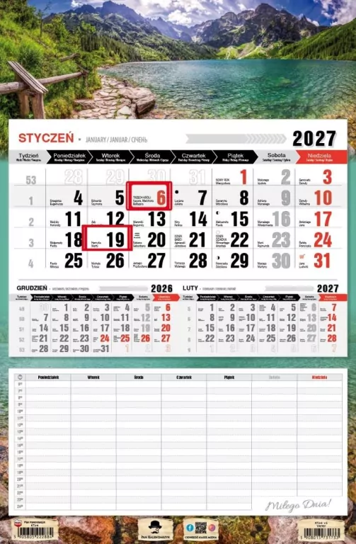 Kalendarz 2027 jednodzielny z planem zajęć Tatry - tantis.pl