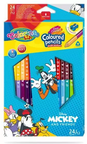 Kredki ołówkowe trójkątne Colorino Kids 24 kolorów 12 sztuk z temperówką  Mickey - tantis.pl