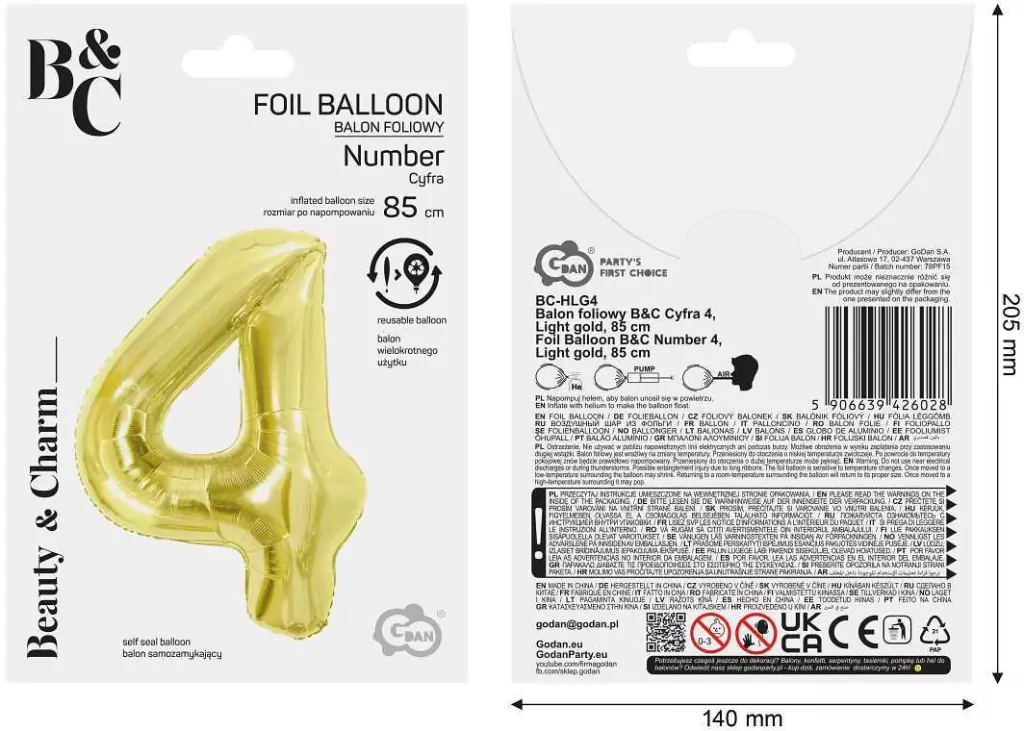 Balon foliowy B&C 4 Light gold 85cm - tantis.pl