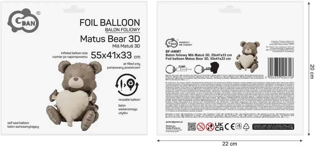 Balon foliowy Miś Matuś 3D 55x41x33 cm - tantis.pl