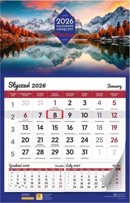 Kalendarz 2026 ścienny miesięczny premium - tantis.pl