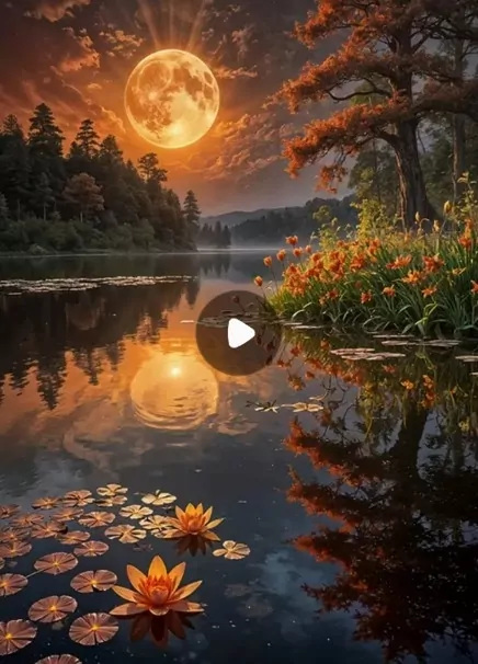 Diamentowa Mozaika Krajobraz pełnia księżyca nad jeziorem z liliami NO-2003124 - tantis.pl