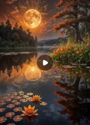 Diamentowa Mozaika Krajobraz pełnia księżyca nad jeziorem z liliami NO-2003124