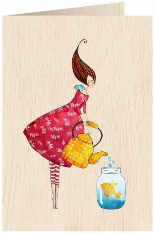 Karnet drewniany C6 + koperta. Złota rybka. - tantis.pl