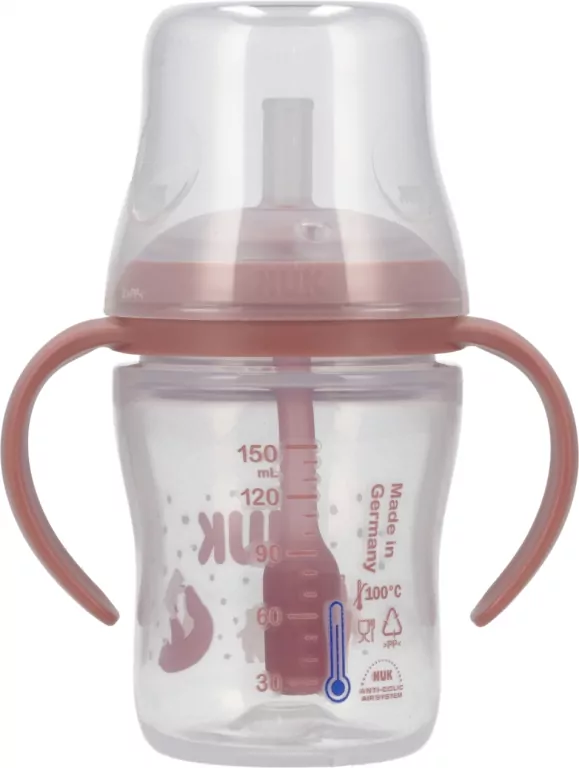 NUK. Butelka do nauki picia ze słomką. 150 ml. Miś - tantis.pl