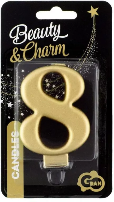 Świeczka cyferka 8 Beauty&Charm metalik złota 8cm - tantis.pl