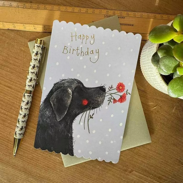 Karnet Urodziny Labrador z kwiatami - tantis.pl