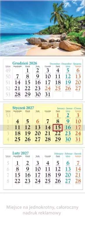 Kalendarz 2027 trójdzielny Wakacje - tantis.pl