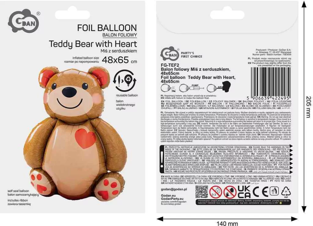 Balon foliowy Miś z serduszkiem 48x65cm - tantis.pl