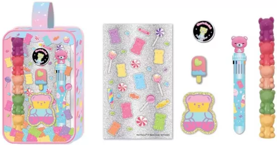 Długopis i zakreślacze w kosmetyczce Miś