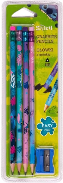 Ołówki trójkątne z gumką temperówka Disney Core Stitch blister, 4 sztuki - tantis.pl