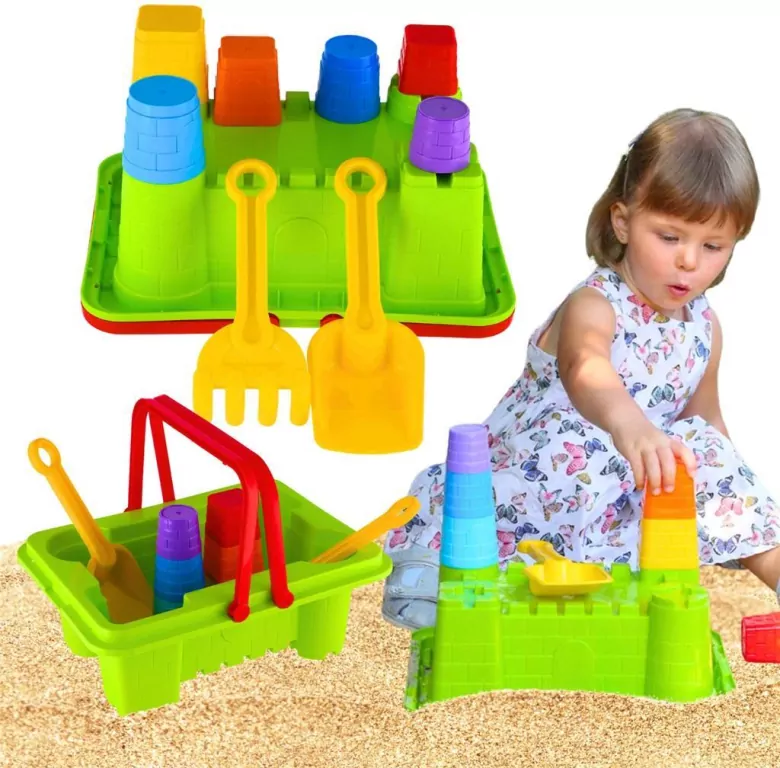 Zestaw do piasku piramidki, koszyk, grabki, łopatka - tantis.pl