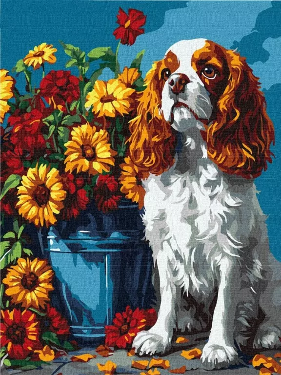 Malowanie po numerach - Spaniel i kwiaty 30x40cm - tantis.pl