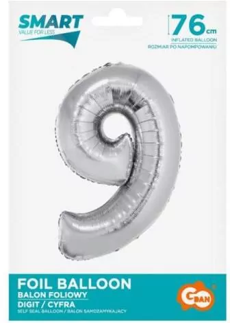 Balon foliowy Smart cyfra 9 srebrny 76cm - tantis.pl