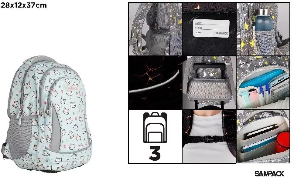 Plecak trzykomorowy Kotki szaro-miętowy 28x12x37cm - tantis.pl