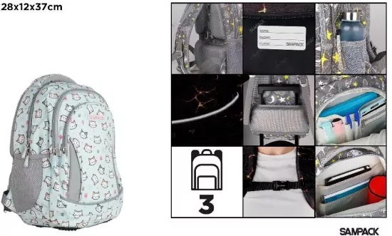 Plecak trzykomorowy Kotki szaro-miętowy 28x12x37cm