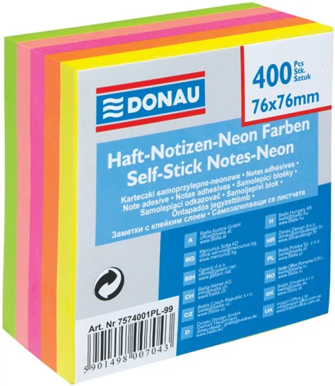 Karteczki samoprzylepne DONAU 76x76mm neonowe 400 kart. - tantis.pl