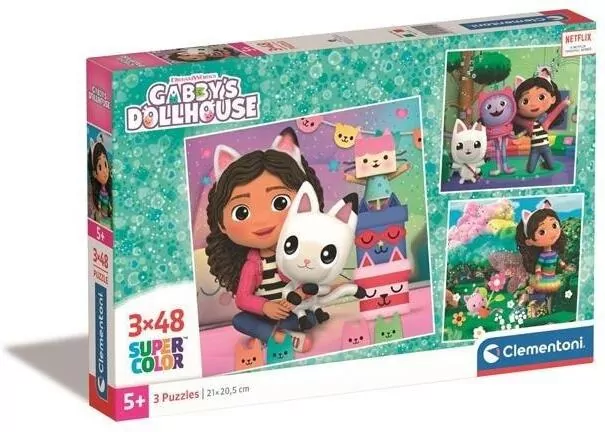 Clementoni. Puzzle 3x48 Super Color. Koci domek Gabby - tantis.pl