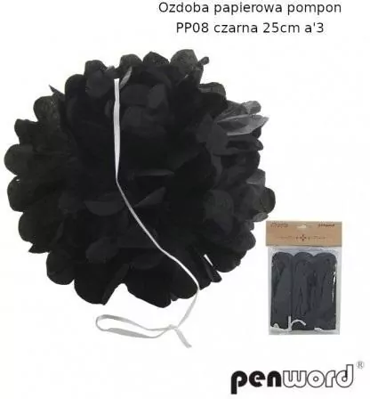 Ozdoba papierowa pompon czarna 25cm 3szt - tantis.pl