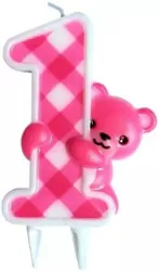 Świeczka urodzinowa "1" różowa z misiem