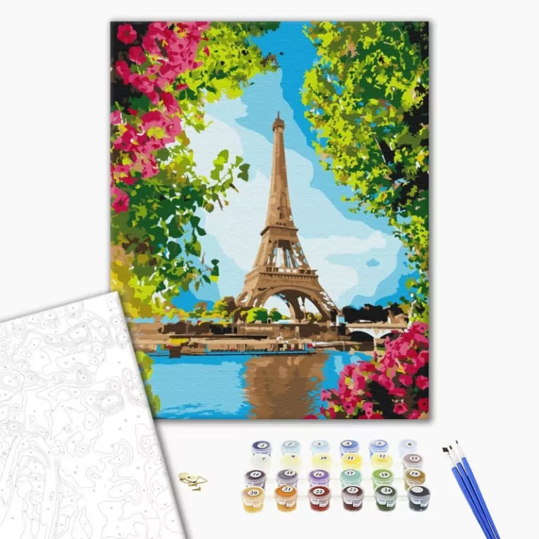Malowanie po numerach BRUSHME 40x50 cm kwiatowy widok na wieżę Eiffla - tantis.pl
