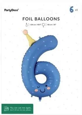 Balon foliowy Cyfra 6 niebieski 86cm - tantis.pl