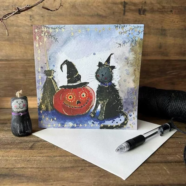 Karnet Halloween kwadrat Kot i dynia - tantis.pl