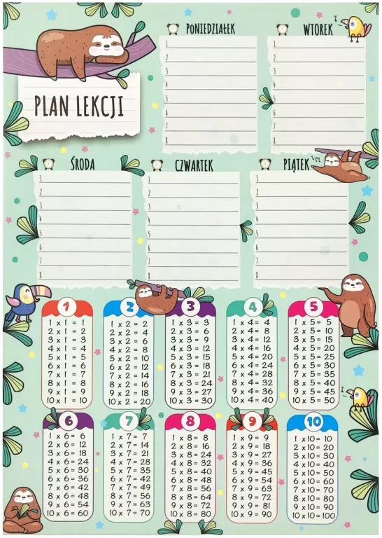 Plan lekcji z tabliczką mnożenia A4 Leniwce - tantis.pl
