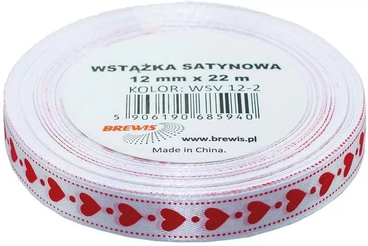 Wstążka satynowa w serca biała 12mmx22m - tantis.pl