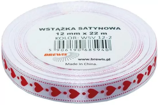 Wstążka satynowa w serca biała 12mmx22m