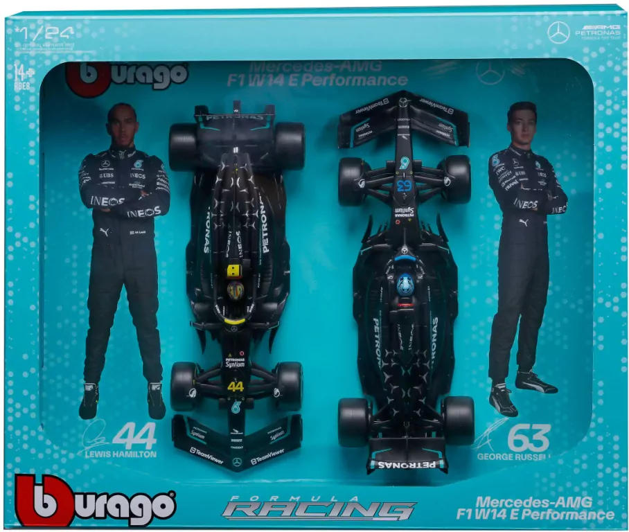 Bburago Model 1:24 Mercedes AMG W14 Hamilton Russell zestaw bolidów F1 18-28062 - tantis.pl