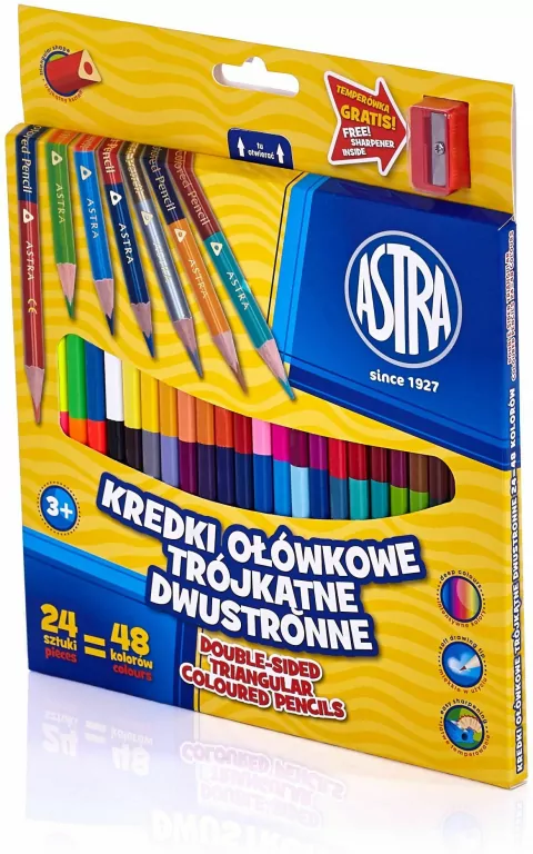 Kredki ołówkowe trójkątne dwustronne. 48 kolorów. Temperówka gratis - tantis.pl