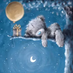 Kartka urodzinowa. Miś na gałęzi z prezentem