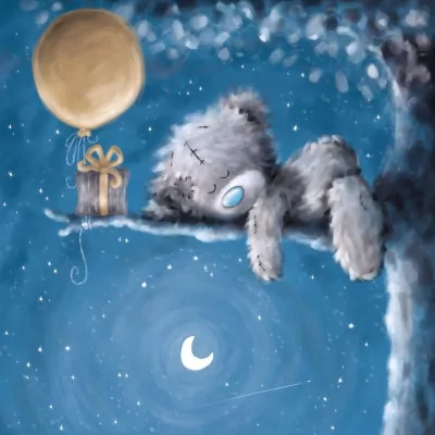 Kartka urodzinowa. Miś na gałęzi z prezentem