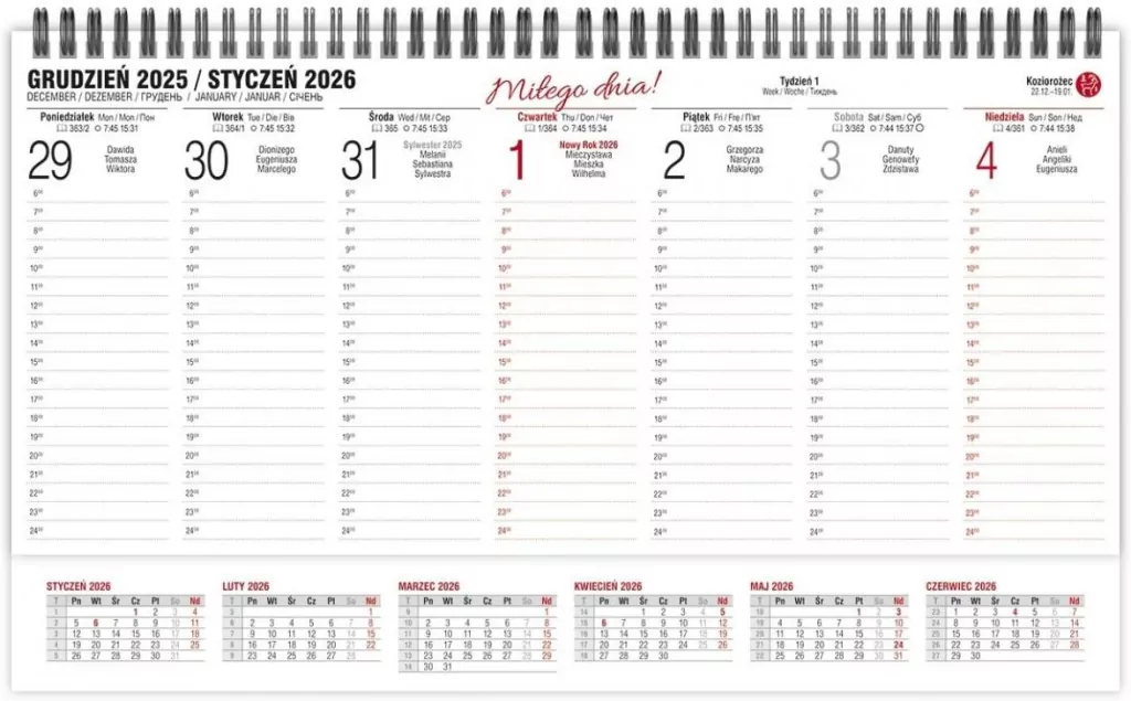 Kalendarz 2026 biurkowy tygodniowy poprzeczny - tantis.pl