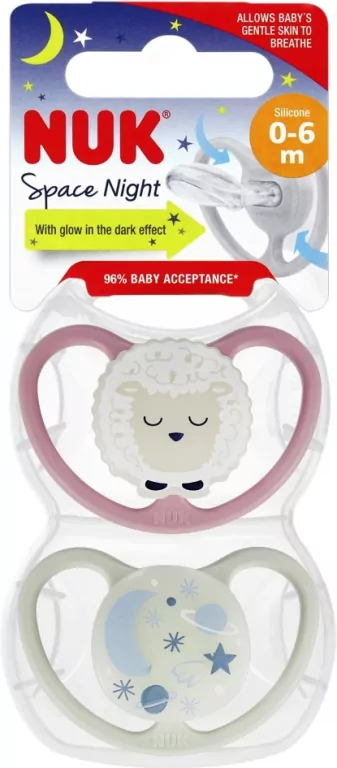 NUK. Space Night. Smoczki silikonowe 2 sztuki. 0-6 miesięcy. Kosmos i owieczka - tantis.pl