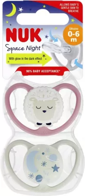 NUK. Space Night. Smoczki silikonowe 2 sztuki. 0-6 miesięcy. Kosmos i owieczka