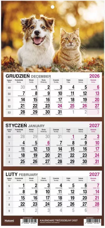 Kalendarz 2027 Trójdzielny Mały Pies i Kot - tantis.pl