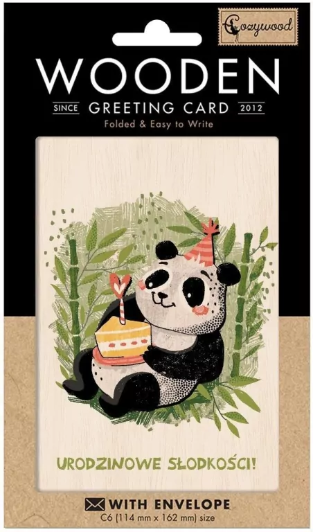 Karnet drewniany C6 + koperta Panda z tortem - tantis.pl