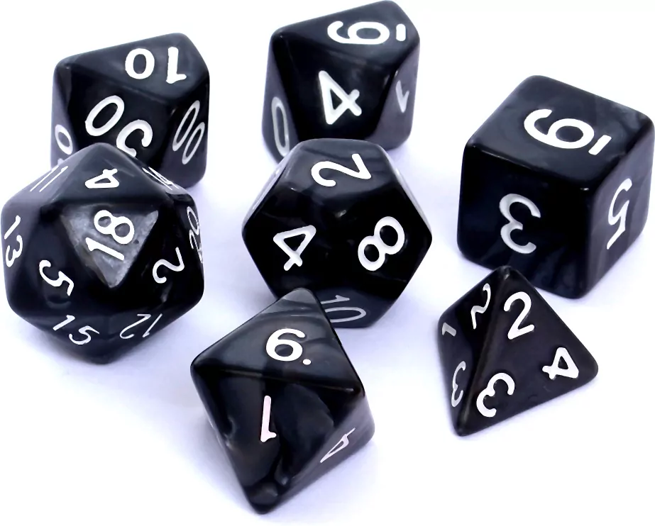 Komplet kości RPG. Czarne. Perłowe. REBEL - tantis.pl