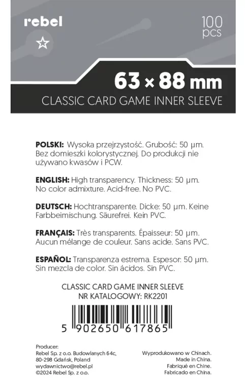 Koszulki na karty Rebel (63x88 mm) Corvus Inner Sleeve Light, 100 sztuk - tantis.pl