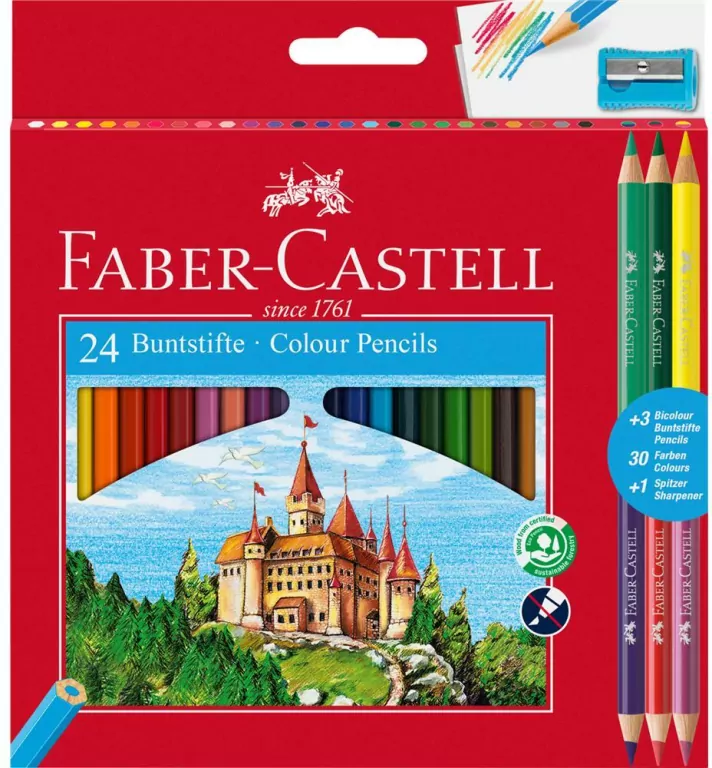 Kredki ołówkowe Zamek Faber-Castell 24 kolory +3 kredki dwustronne+temperówka - tantis.pl