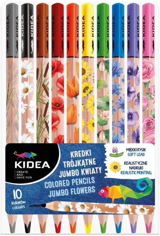 Kredki trójkątne jumbo Kwiaty 10 kolorów KIDEA - tantis.pl
