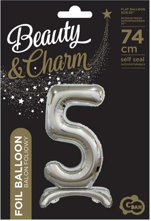 Balon foliowy 5, stojący, srebrny, 74 cm - tantis.pl