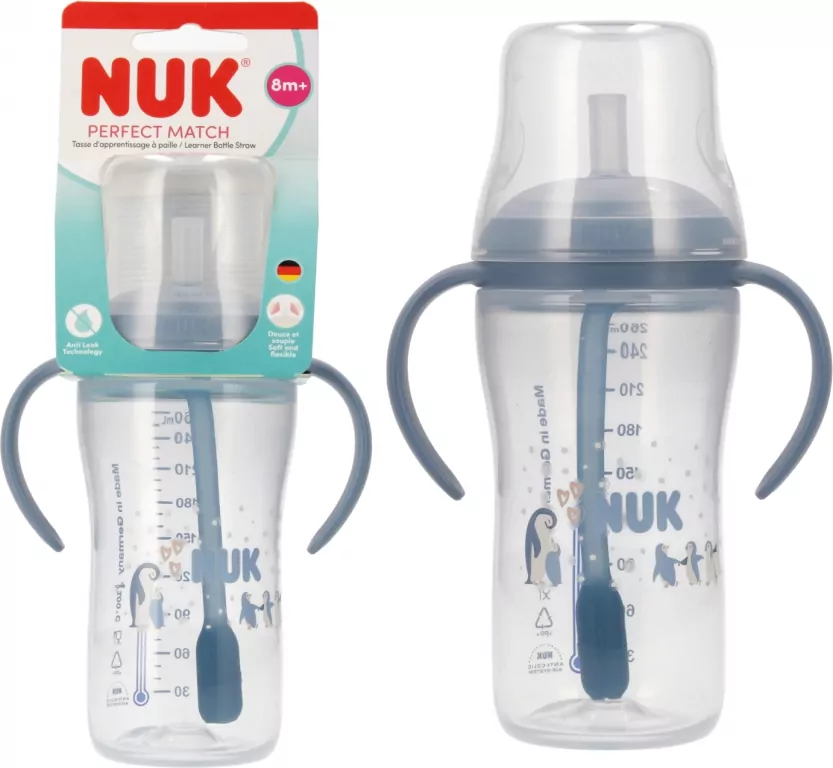 NUK. Butelka do nauki picia ze słomką. 260 ml. Pingwin - tantis.pl