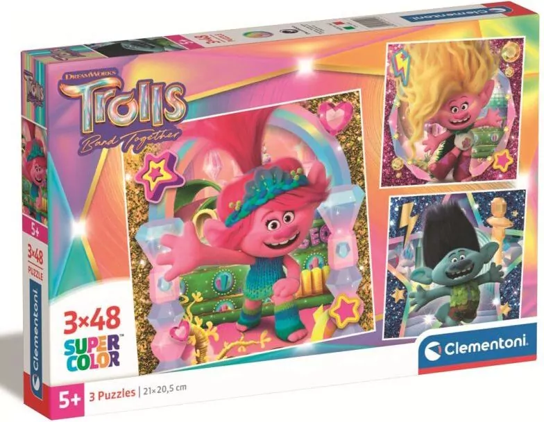Clementoni. Puzzle 3x48. SuperColor. Trolls 3 - tantis.pl