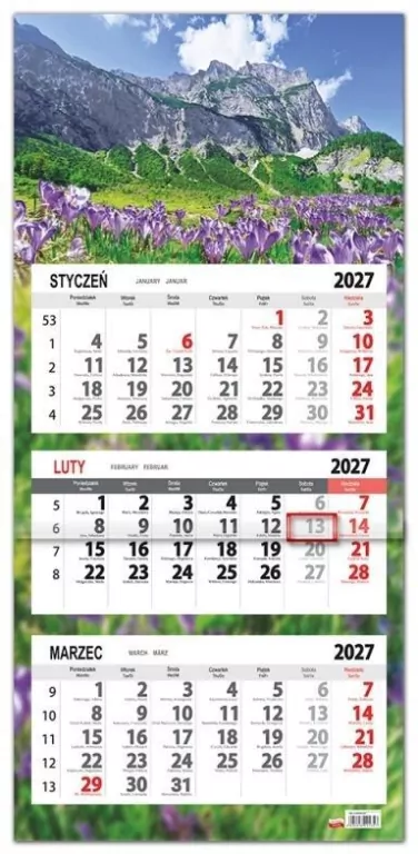 Kalendarz 2027 trójdzielny płaska główka Krokusy - tantis.pl