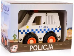 Drewniane auto z oponami. Policja