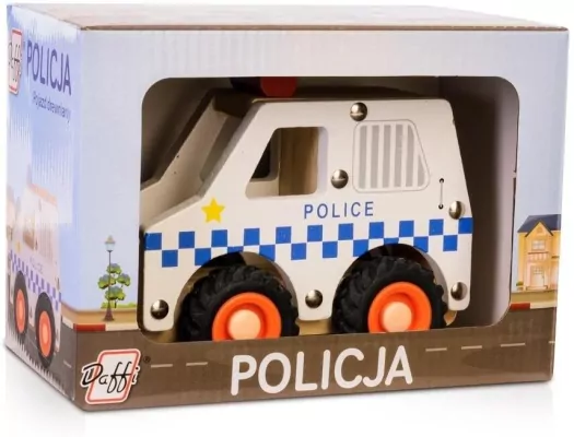 Drewniane auto z oponami. Policja